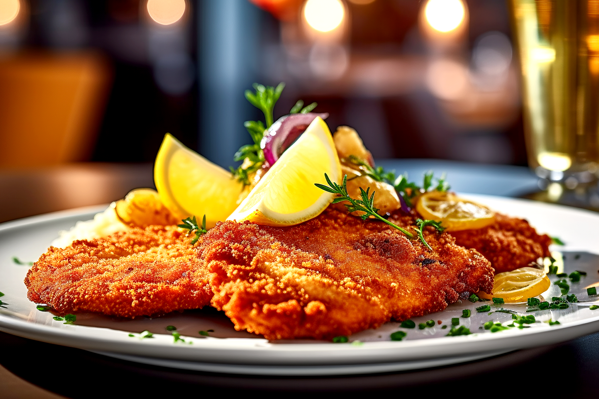 Zum-Wurstkessel-Schnitzel Knuspriges Wiener Schnitzel auf einem weißen Teller.