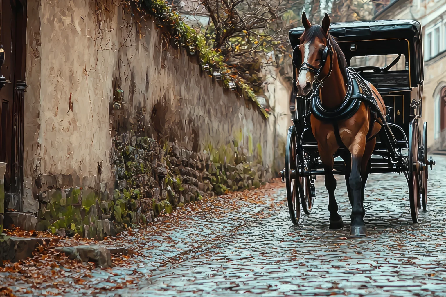 Eine Pferdekutsche fährt durch eine enge Gasse mit Kopfsteinpflaster.