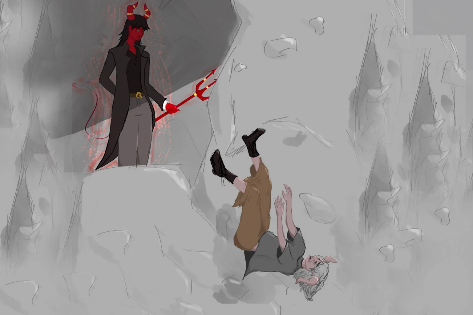 Zeichnung vom Teufel und seiner Großmutter auf dem Berg.