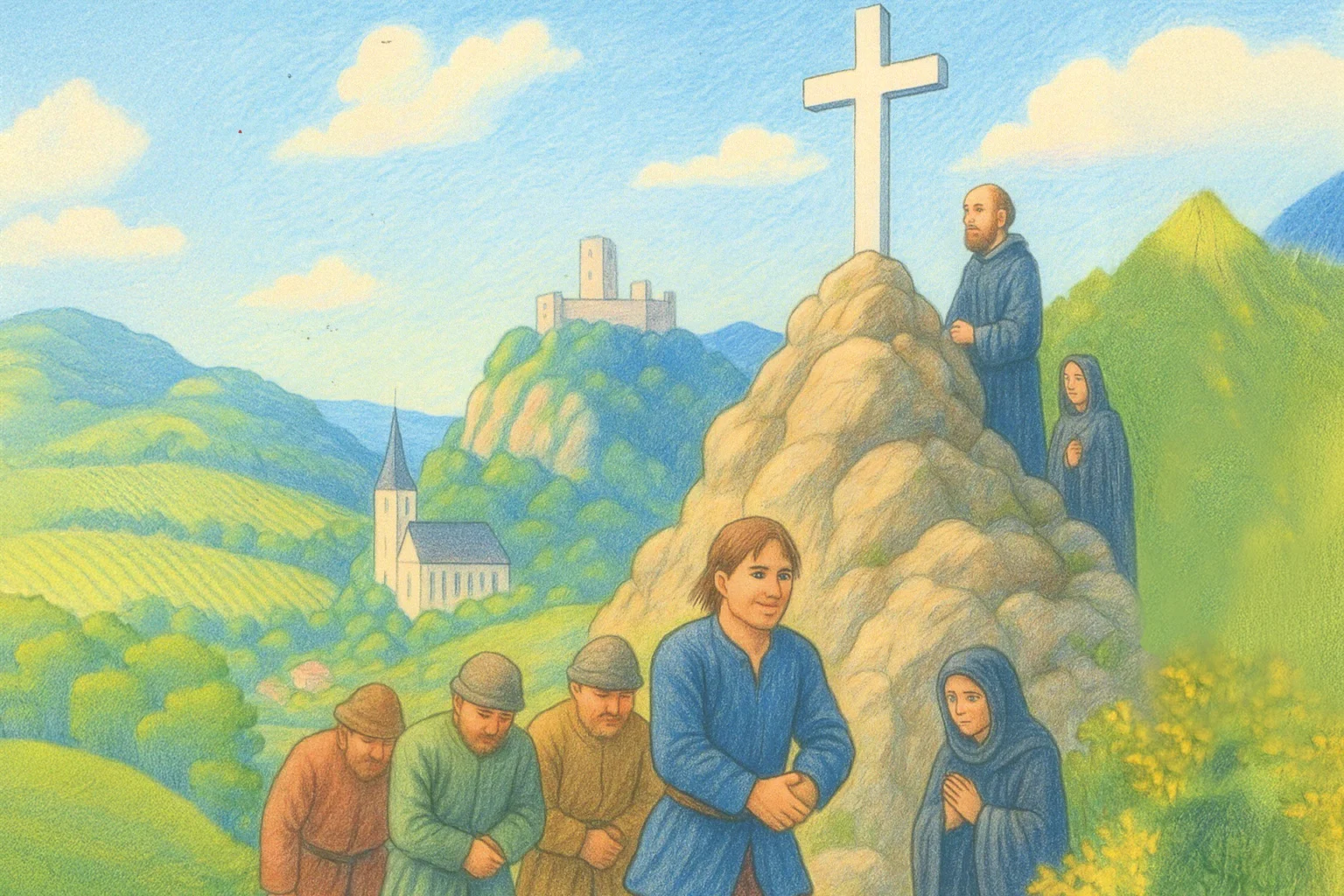 Zeichnung vom weißen Kreuz, mit Gläubigen auf der Wanderschaft.