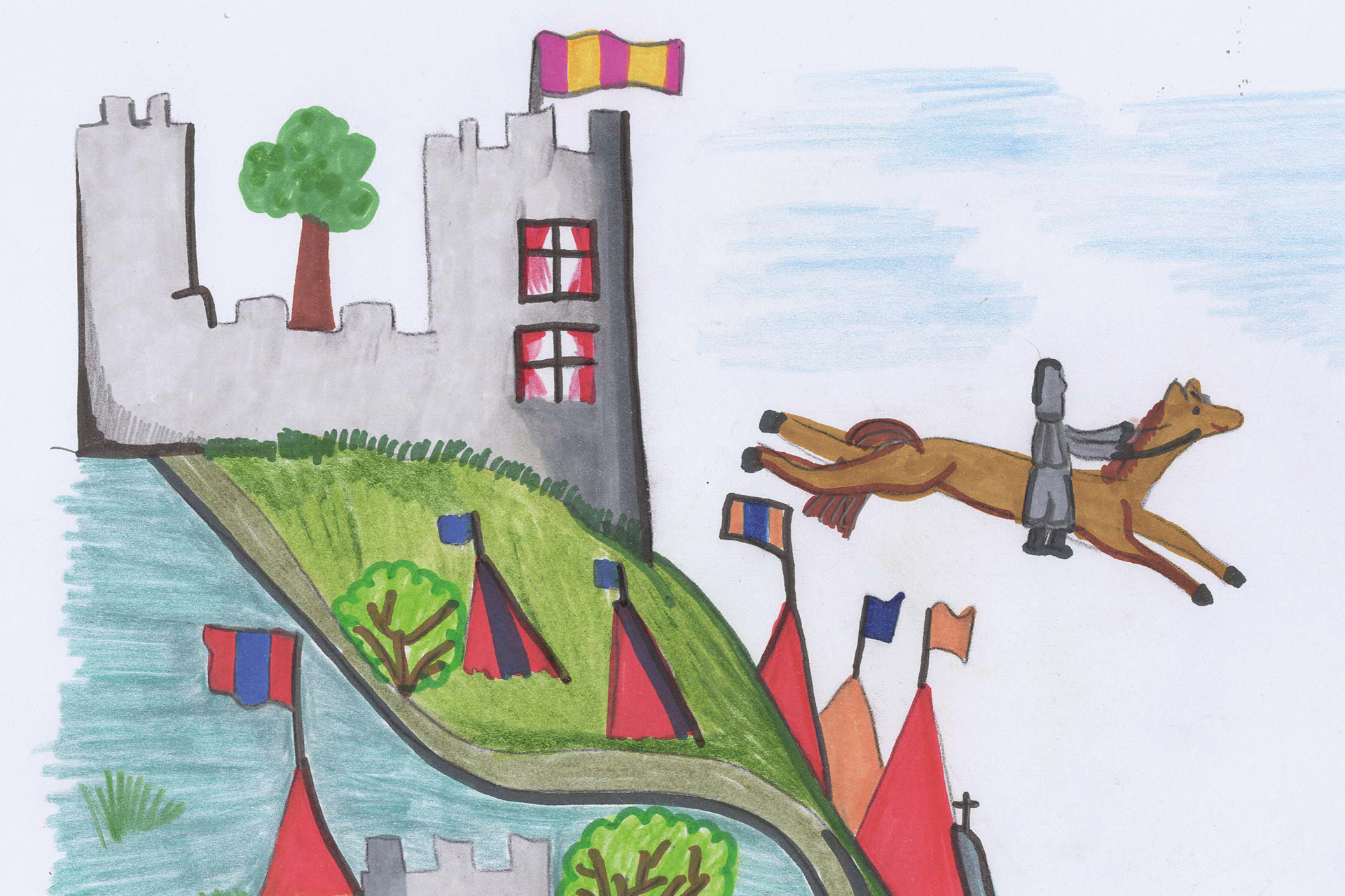 Legenden-Rittersprung Kinderzeichnung eines Ritters auf einem Pferd, der von der Burg in die Tiefe springt.