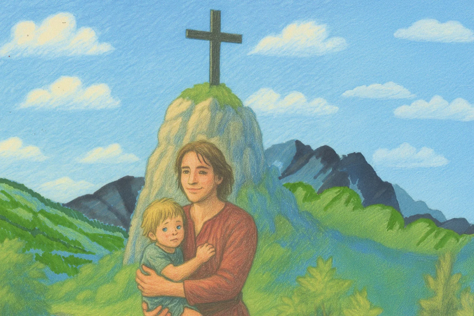 Eine Zeichnung von einem Mann, der ein Kind trägt. Im Hintergrund das schwarze Kreuz.