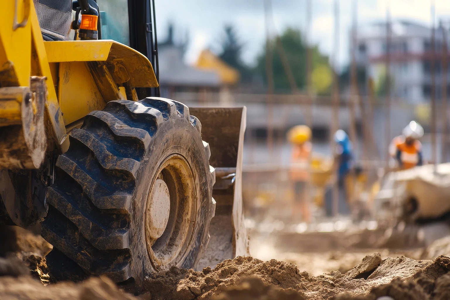 Das Rad eines Radladers, der Sand wegschaufelt.