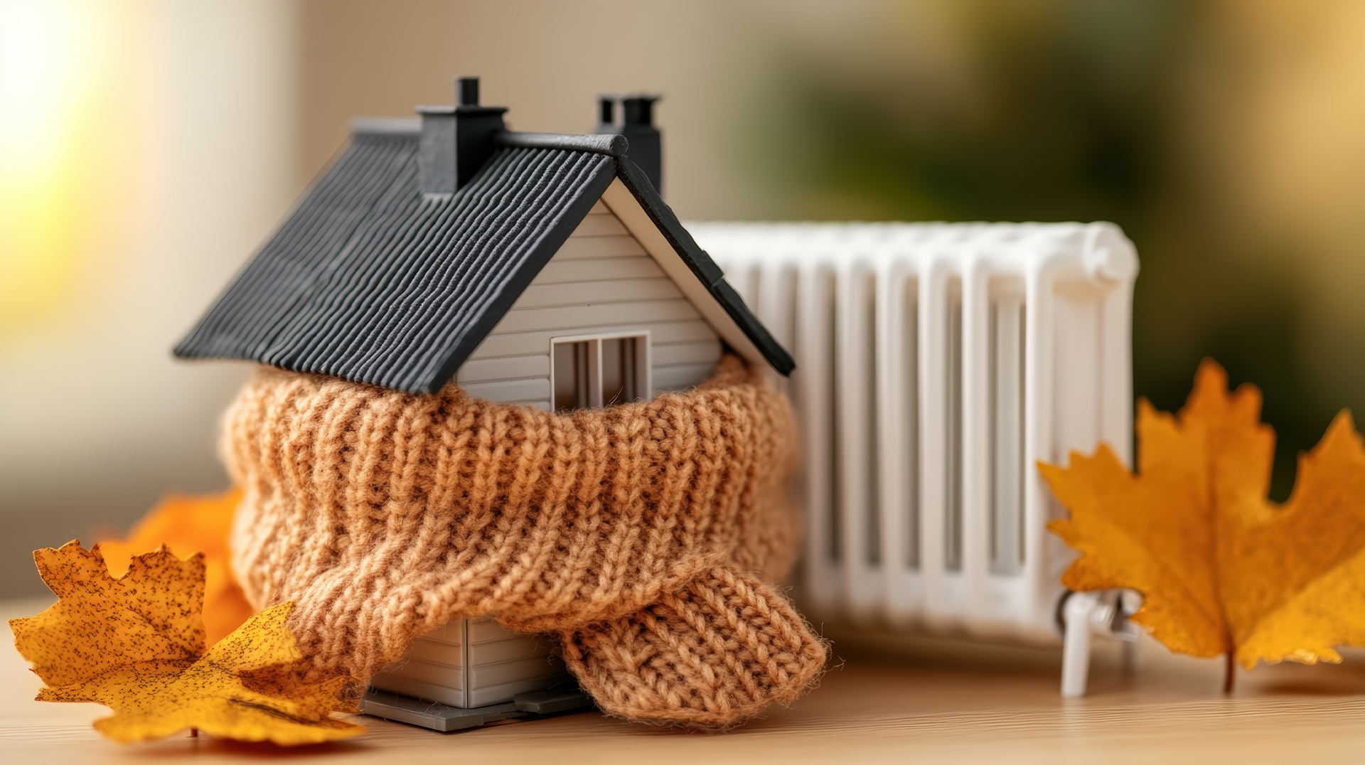 Nahwaermenetz Ein Haus, dass mit einem Schal eingepackt ist, daneben eine Heizung.