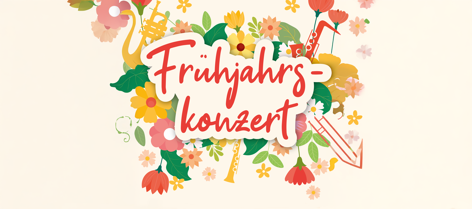 Blumenillustrationen und das Wort „Frühjahrskonzert“ in Schreibschrift