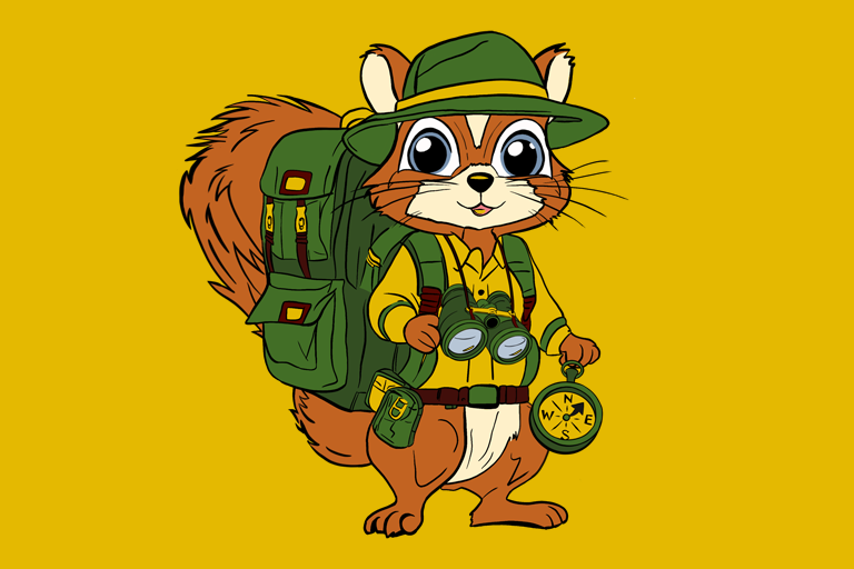 Eine Zeichnung von Frido Wandermann, ein Comic von einem Fuchs mit Wanderstock, Schuhen, etc.